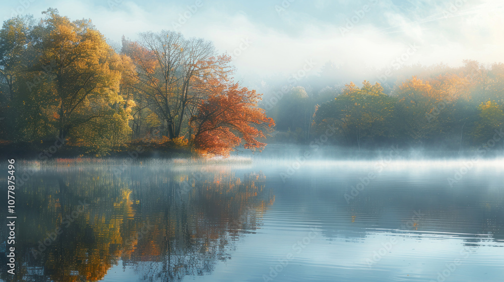 A misty morning on a calm lake, the water still and reflective as the mist rolls across the surface A misty morning on a calm lake, the water still and reflective as the mist rolls across the surface