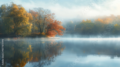 A misty morning on a calm lake, the water still and reflective as the mist rolls across the surface