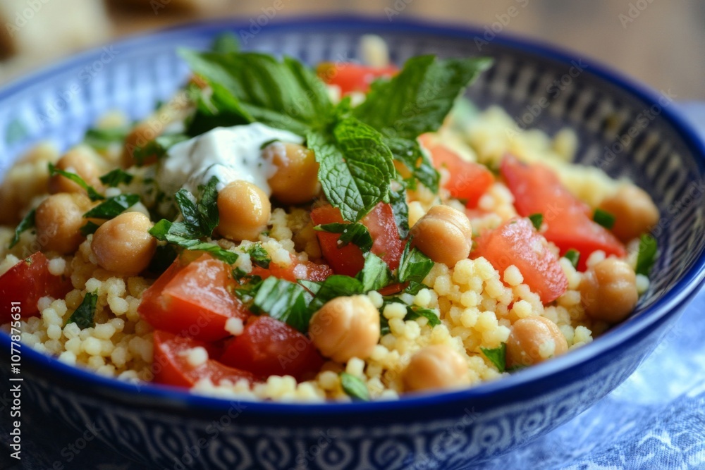 Close-up of a bowl of couscous salad with chickpeas, tomatoes, and mint Close-up of a bowl of couscous salad with chickpeas, tomatoes, and mint