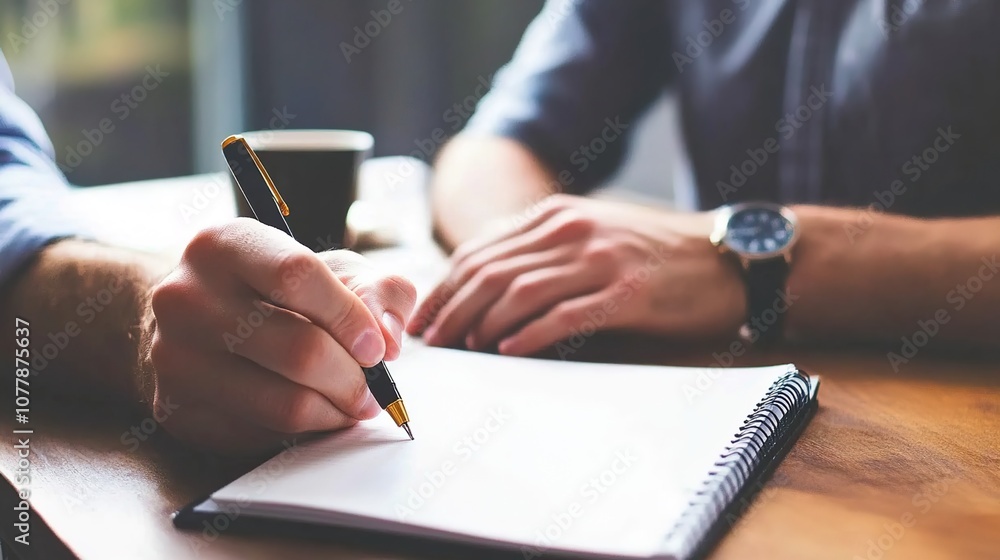 Close-up of Hands Holding Pen Writing in Notebook on Wooden Table, Morning Coffee in Background, Casual Workspace with Natural Light and Soft Focus Effect Close-up of Hands Holding Pen Writing in Notebook on Wooden Table, Morning Coffee in Background, Casual Workspace with Natural Light and Soft Focus Effect