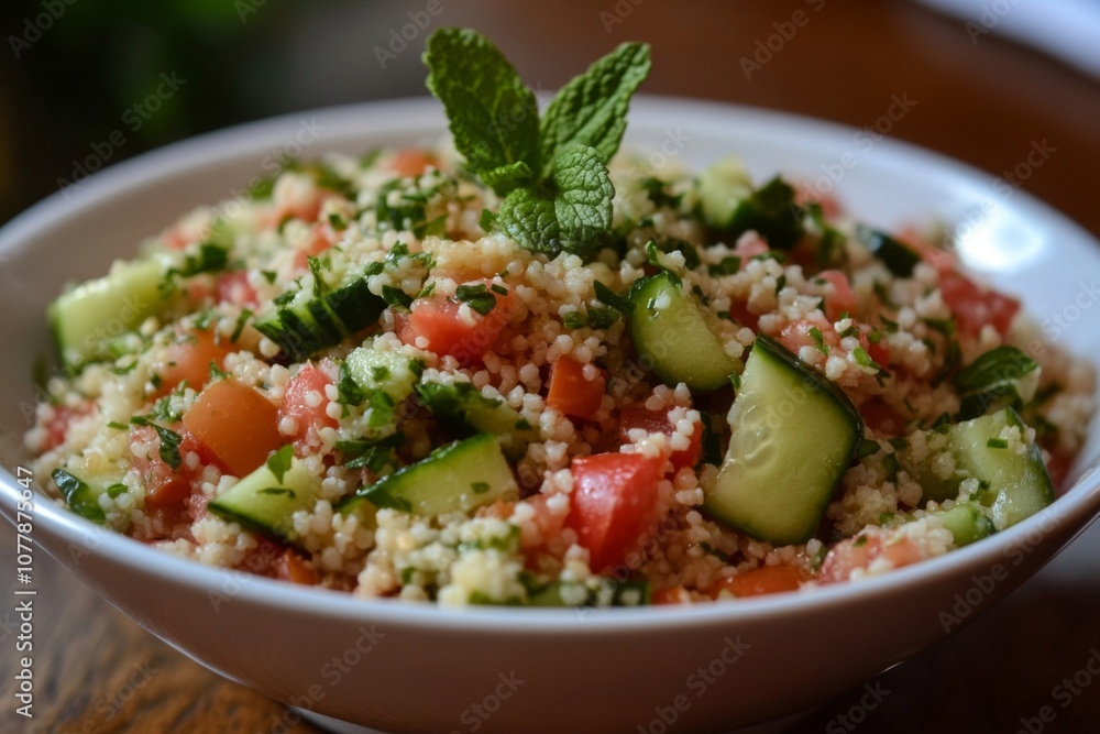 Close-up of a Fresh Tabbouleh Salad with Cucumber, Tomato, and Mint Close-up of a Fresh Tabbouleh Salad with Cucumber, Tomato, and Mint