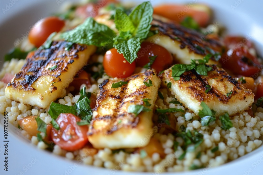 Grilled Halloumi with Couscous, Tomatoes, and Mint Grilled Halloumi with Couscous, Tomatoes, and Mint