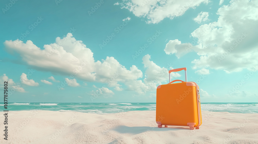 Vibrant Orange Luggage on Serene Beach Under a Clear Sky. A bright orange suitcase stands alone on a sandy beach, surrounded by a tranquil ocean and soft clouds above. Vibrant Orange Luggage on Serene Beach Under a Clear Sky. A bright orange suitcase stands alone on a sandy beach, surrounded by a tranquil ocean and soft clouds above.