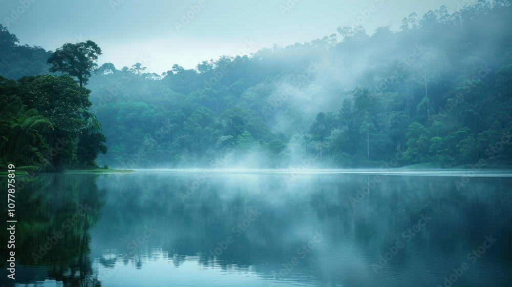 A misty morning over a lake surrounded by forest, the scene tranquil and filled with the sounds of nature waking up A misty morning over a lake surrounded by forest, the scene tranquil and filled with the sounds of nature waking up