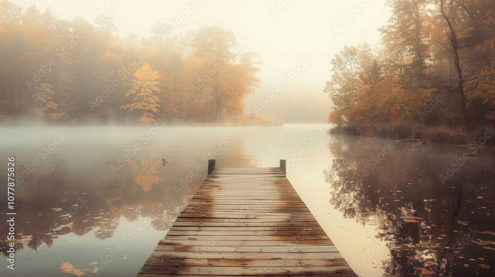 A misty morning over a tranquil lake with a wooden pier extending out into the glassy water, creating a peaceful and serene scene A misty morning over a tranquil lake with a wooden pier extending out into the glassy water, creating a peaceful and serene scene
