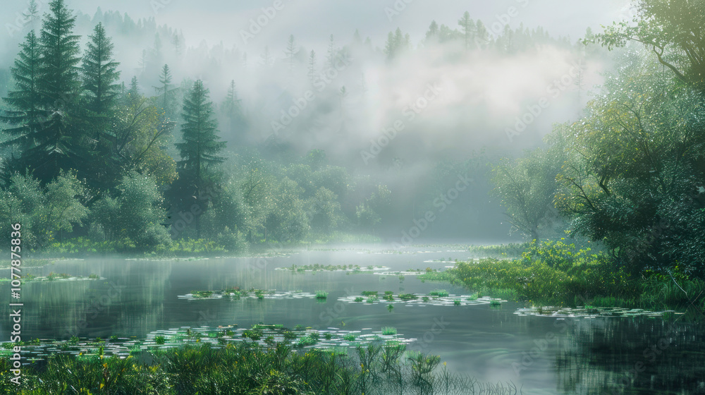 A misty morning over a lake surrounded by forest, the scene tranquil and filled with the sounds of nature waking up A misty morning over a lake surrounded by forest, the scene tranquil and filled with the sounds of nature waking up