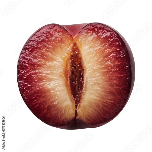 Half of a ripe plum showing pit and juicy flesh isolated on a transparent background, top view