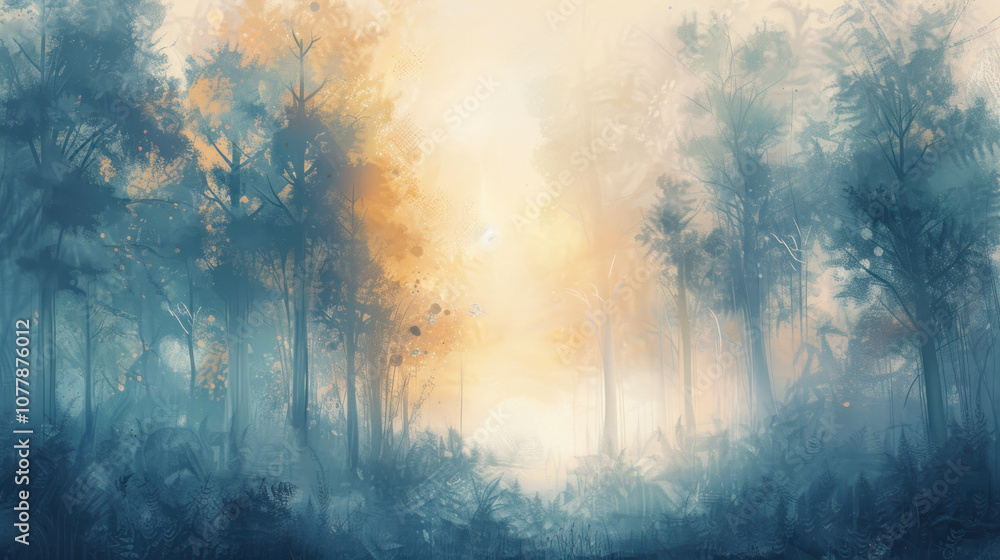 Obraz premium A misty sunrise sky over a quiet forest, soft light filtering through the trees, creating an ethereal morning scene