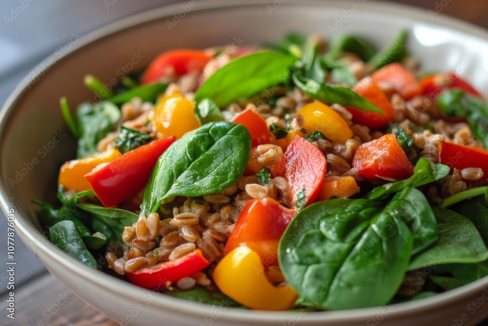 Close-Up of a Bowl of Farro Salad with Spinach, Bell Peppers, and Herbs Close-Up of a Bowl of Farro Salad with Spinach, Bell Peppers, and Herbs