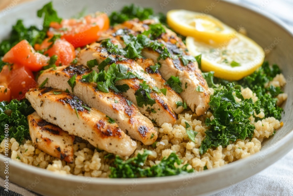 Grilled Chicken Breast with Quinoa, Kale, Tomatoes, and Lemon Grilled Chicken Breast with Quinoa, Kale, Tomatoes, and Lemon