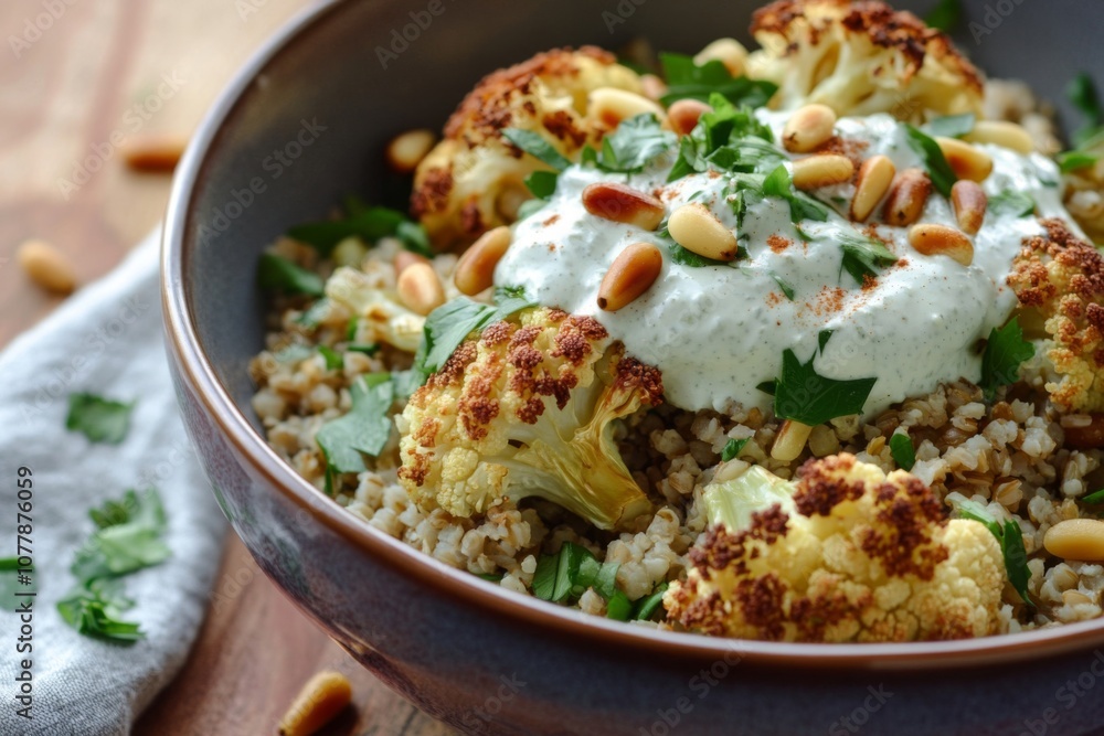 Roasted Cauliflower with Creamy Yogurt Sauce and Pine Nuts over Grain Roasted Cauliflower with Creamy Yogurt Sauce and Pine Nuts over Grain
