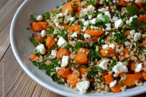 Close-up of a Rustic Salad with Barley, Roasted Carrots, Feta Cheese, and Parsley