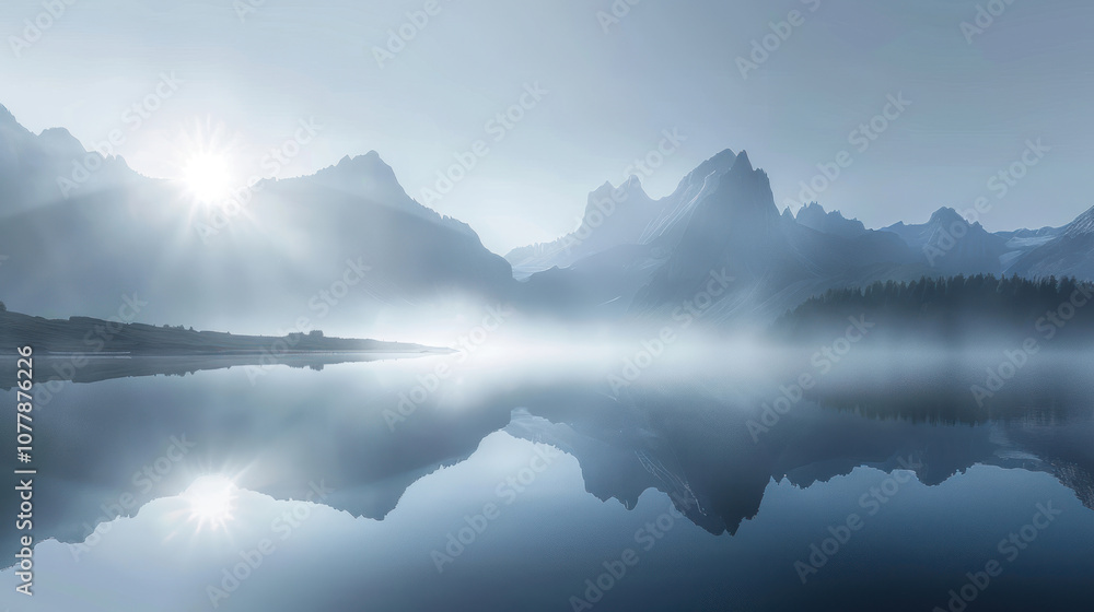 A mountain lake shrouded in thick morning fog, the mist hovering over the water as the peaks emerge in the distance A mountain lake shrouded in thick morning fog, the mist hovering over the water as the peaks emerge in the distance