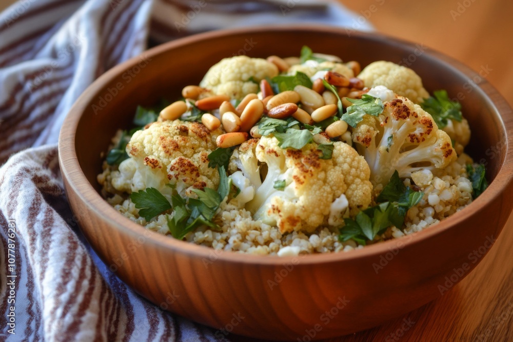Roasted Cauliflower with Pine Nuts and Parsley on Quinoa Roasted Cauliflower with Pine Nuts and Parsley on Quinoa