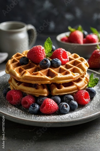 Stack of waffles with blueberries and strawberries on top