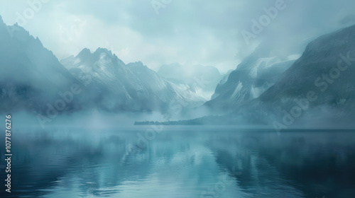 A mountain lake shrouded in thick morning fog, the mist hovering over the water as the peaks emerge in the distance