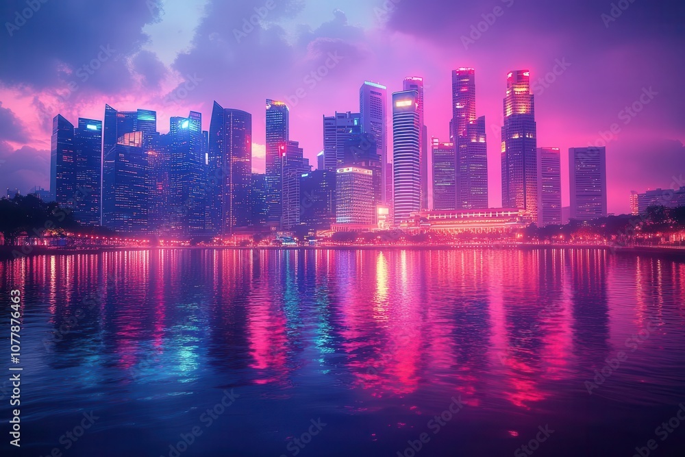 Fototapeta premium futuristic city skyline illuminated by neon lights featuring towering skyscrapers and advanced technology elements conveying a vibrant nightlife and an immersive modern urban experience