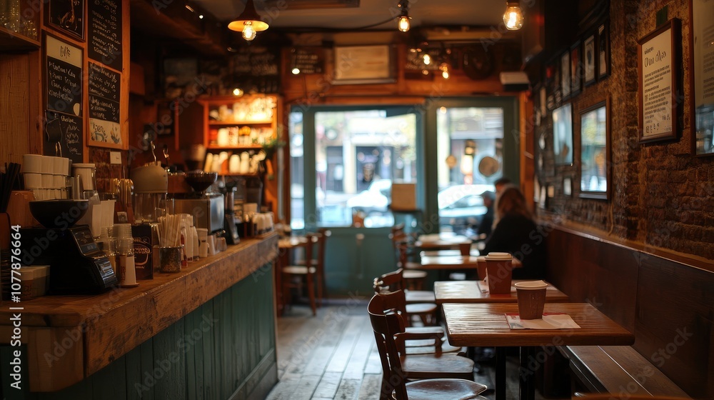 Obraz premium Cozy coffee shop interior with rustic decor and customers enjoying beverages