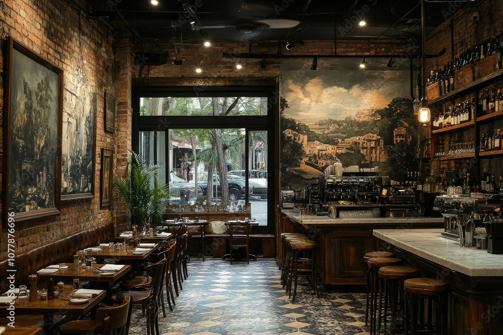 Elegant italian restaurant interior design with brick walls and vintage paintings Elegant italian restaurant interior design with brick walls and vintage paintings