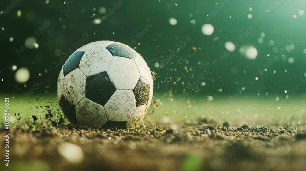 Naklejka premium Dynamic motion of a soccer ball on a grass field during an intense game