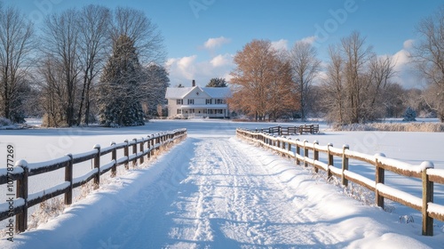 Snow covered driveway leading to farmhouse in winter wonderland