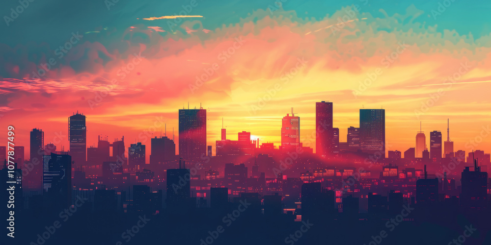 A panoramic view of a sunset over a sprawling urban skyline, with the buildings silhouetted against the glowing sky. A panoramic view of a sunset over a sprawling urban skyline, with the buildings silhouetted against the glowing sky.