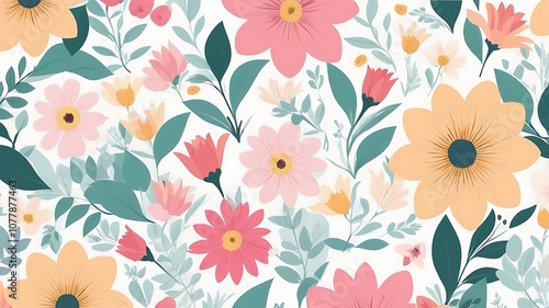 Wallpaper Mural Watercolor Floral Pattern with Pink, Yellow, and Green Flowers and Leaves Torontodigital.ca