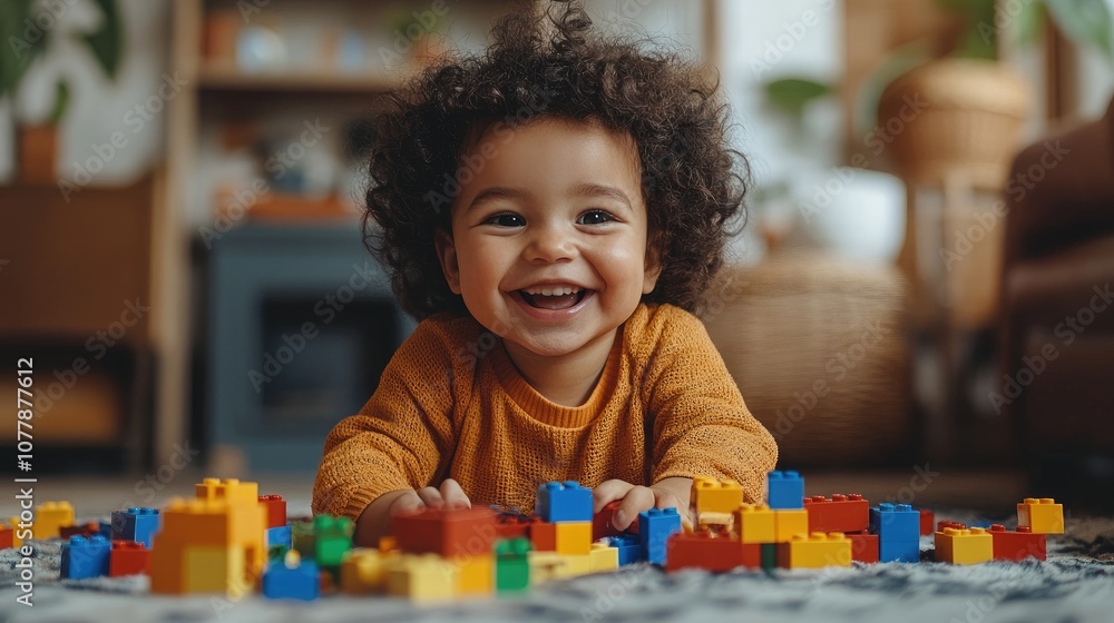 Happy toddler playing with colorful building blocks at home Happy toddler playing with colorful building blocks at home