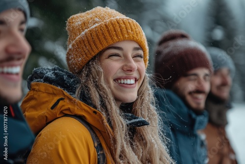 Hikers smiling and enjoying snowy winter day in mountain forest