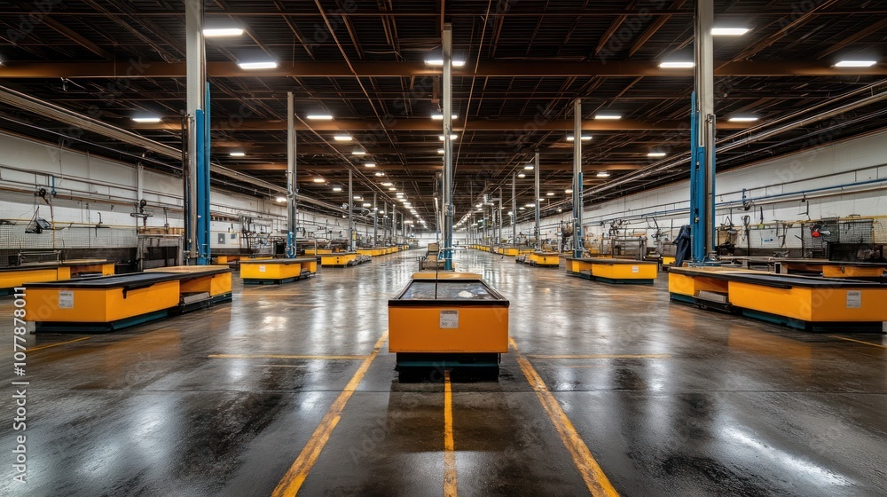 A spacious industrial facility with organized workstations and polished floors. A spacious industrial facility with organized workstations and polished floors.