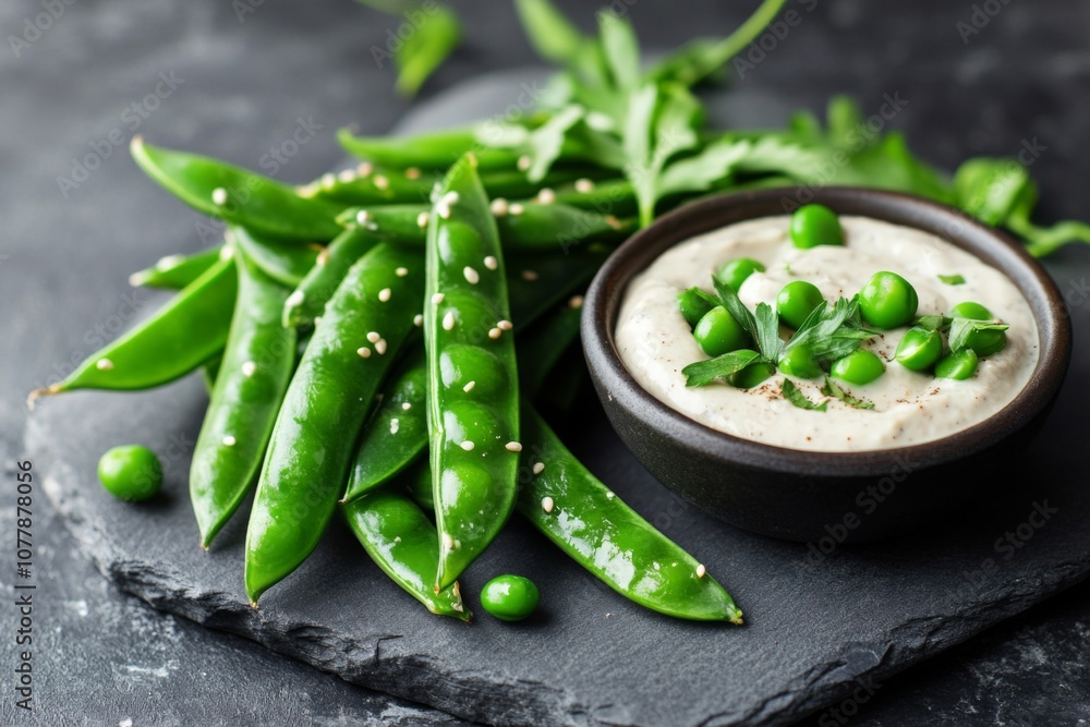 Fresh Green Pea Pods and Creamy Dip with Parsley Garnish