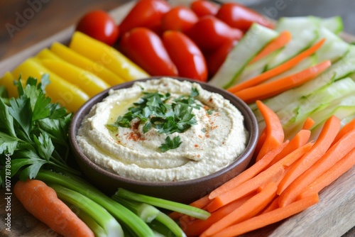 Hummus with Carrots, Celery, Cucumbers, Bell Peppers, and Tomatoes