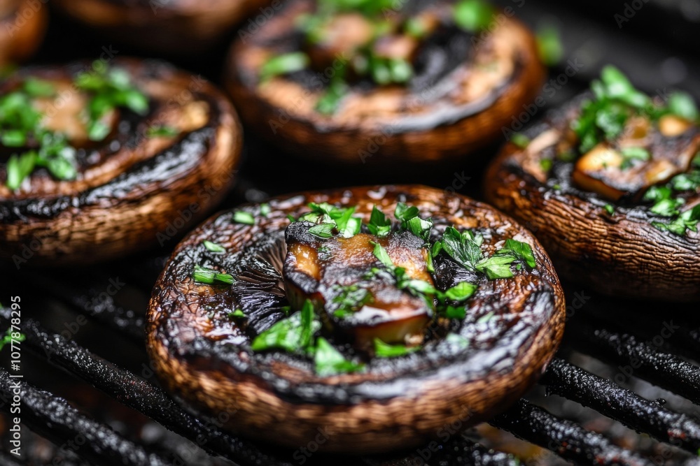 Close-up of Grilled Mushrooms with Parsley on a Charcoal Grill Close-up of Grilled Mushrooms with Parsley on a Charcoal Grill