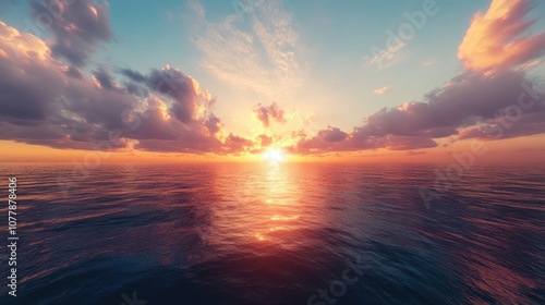 Wide aerial panorama of sunset over the ocean