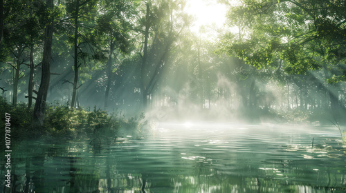 A peaceful hidden lake in a forest at dawn, the mist rising from the water as sunlight filters through the trees