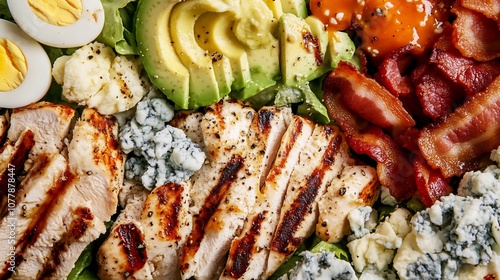 Closeup of an American cobb salad with grilled chicken bacon avocado blue cheese and hardboiled eggs presented on a white background photo