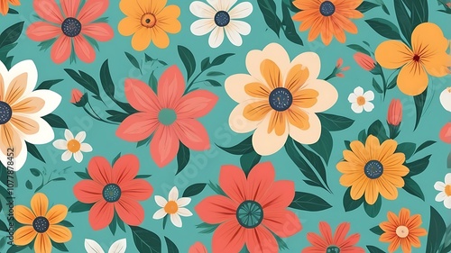 Wallpaper Mural A Colorful Floral Pattern with Orange, Red, and White Flowers on a Teal Background Torontodigital.ca