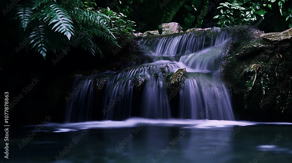 Obraz premium Serene waterfall cascading over mossy rocks in a lush green forest.
