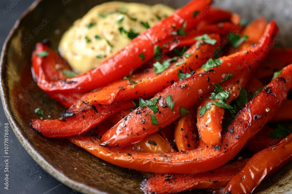 Close-up of Roasted Red Bell Pepper Strips with Parsley and a Creamy Dip Close-up of Roasted Red Bell Pepper Strips with Parsley and a Creamy Dip