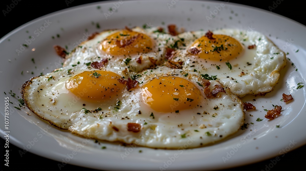 Four sunny-side-up eggs with crispy bacon bits and parsley on a white plate. Four sunny-side-up eggs with crispy bacon bits and parsley on a white plate.