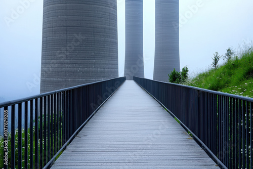 A walkway leads to towering cooling towers in a serene landscape, embodying industrial beauty and environmental contrast.