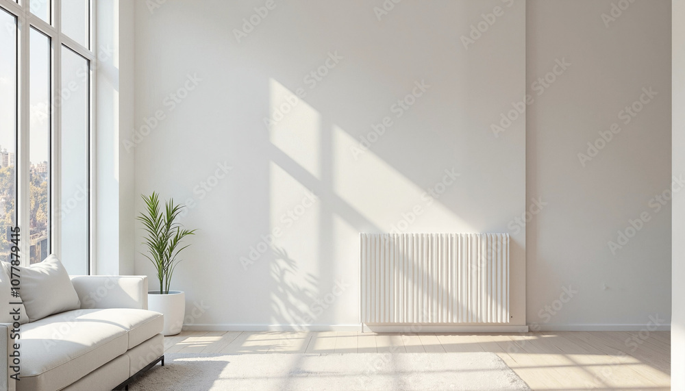 Fototapeta premium Minimalist living room with bright sunlight, empty walls, and modern radiator, heating concept