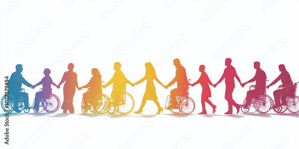 A diverse group of people with various disabilities holding hands in solidarity A diverse group of people with various disabilities holding hands in solidarity