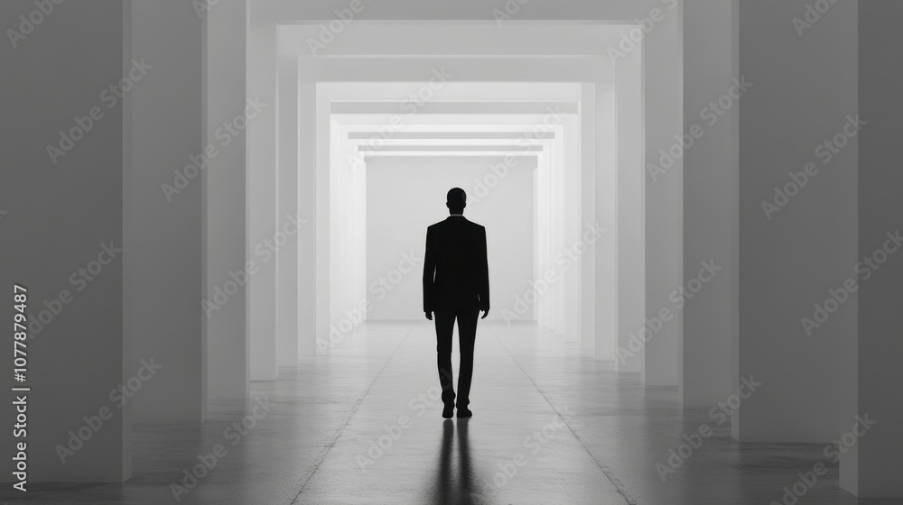 A solitary figure walks through a minimalist, white hallway, creating a sense of depth and introspection. A solitary figure walks through a minimalist, white hallway, creating a sense of depth and introspection.