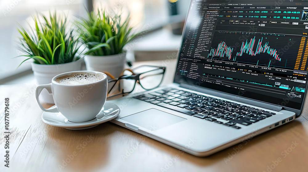 laptop displaying economic indicators sits on wooden table with coffee cup and glasses. scene conveys productive workspace atmosphere laptop displaying economic indicators sits on wooden table with coffee cup and glasses. scene conveys productive workspace atmosphere