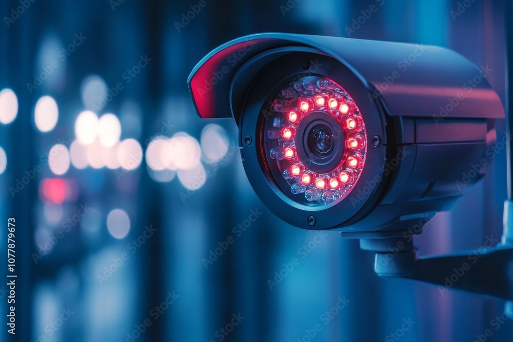 Security Camera with Red LED Lights and Bokeh Background Security Camera with Red LED Lights and Bokeh Background