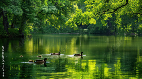 A peaceful lake with a family of ducks swimming calmly across the water, surrounded by lush greenery