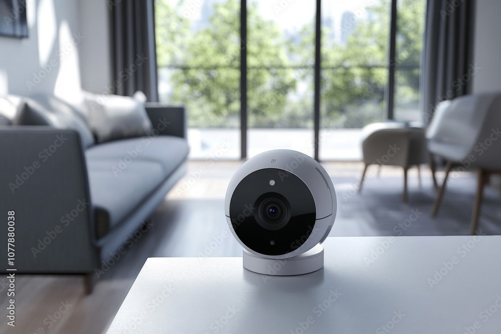 A White Security Camera on a White Table in a Living Room A White Security Camera on a White Table in a Living Room