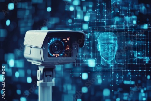 A Security Camera Focused on a Digital Face in a Grid