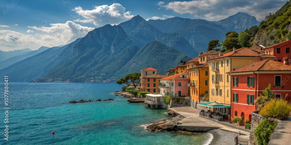 Fototapeta premium Picturesque Coastal Village: Colorful Buildings, Stunning Mountains, and Clear Blue Waters for Urban Exploration Photography